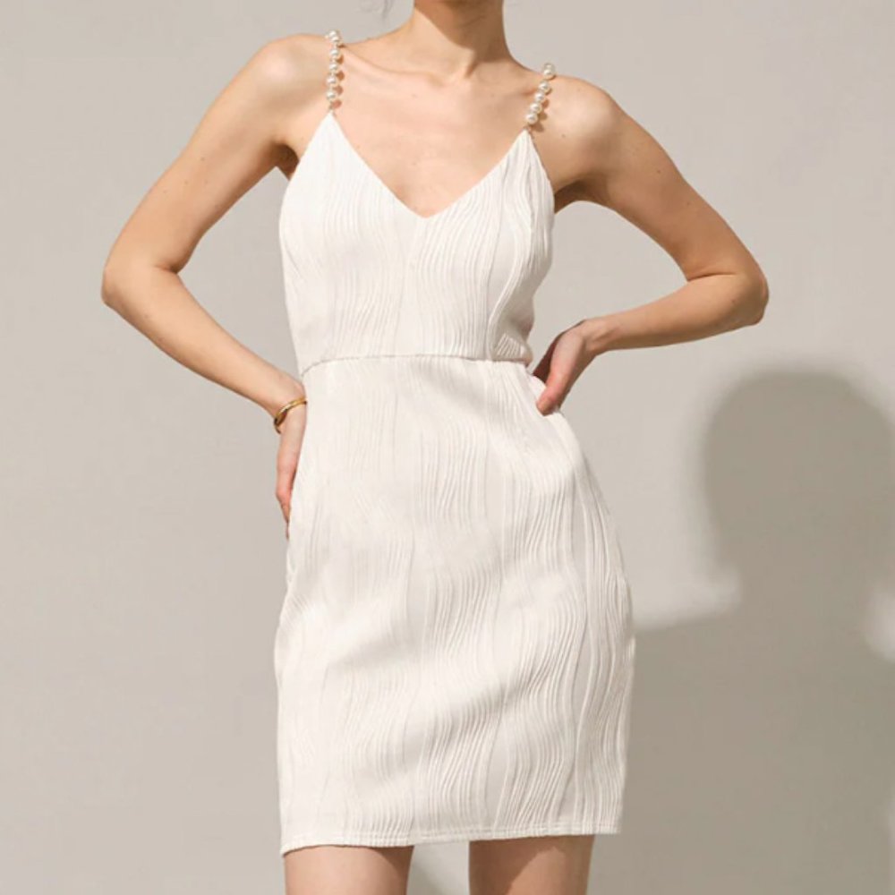 Rihoas White Water Ripple Textured Pearl Strap Mini Dress